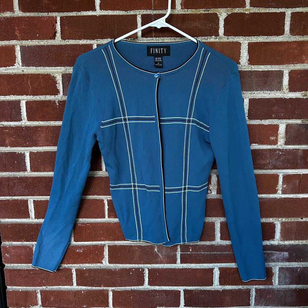 Finity Blue Knit Cardigan Sweater Women Medium Stripe Trim Cropped Y2K